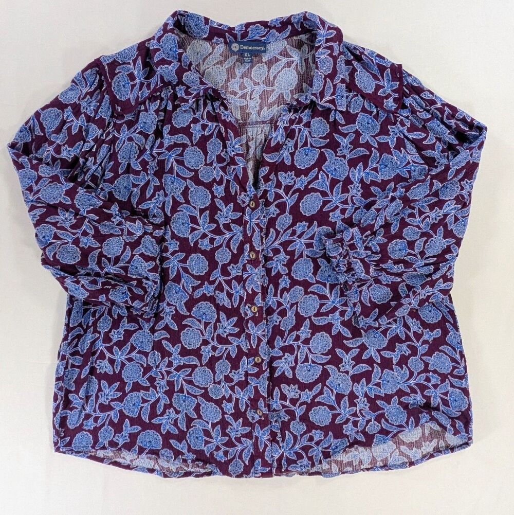 Democracy Floral  Blouse Womens XL Burgundy Blue V-Neck Long Sleeve Cottagecore